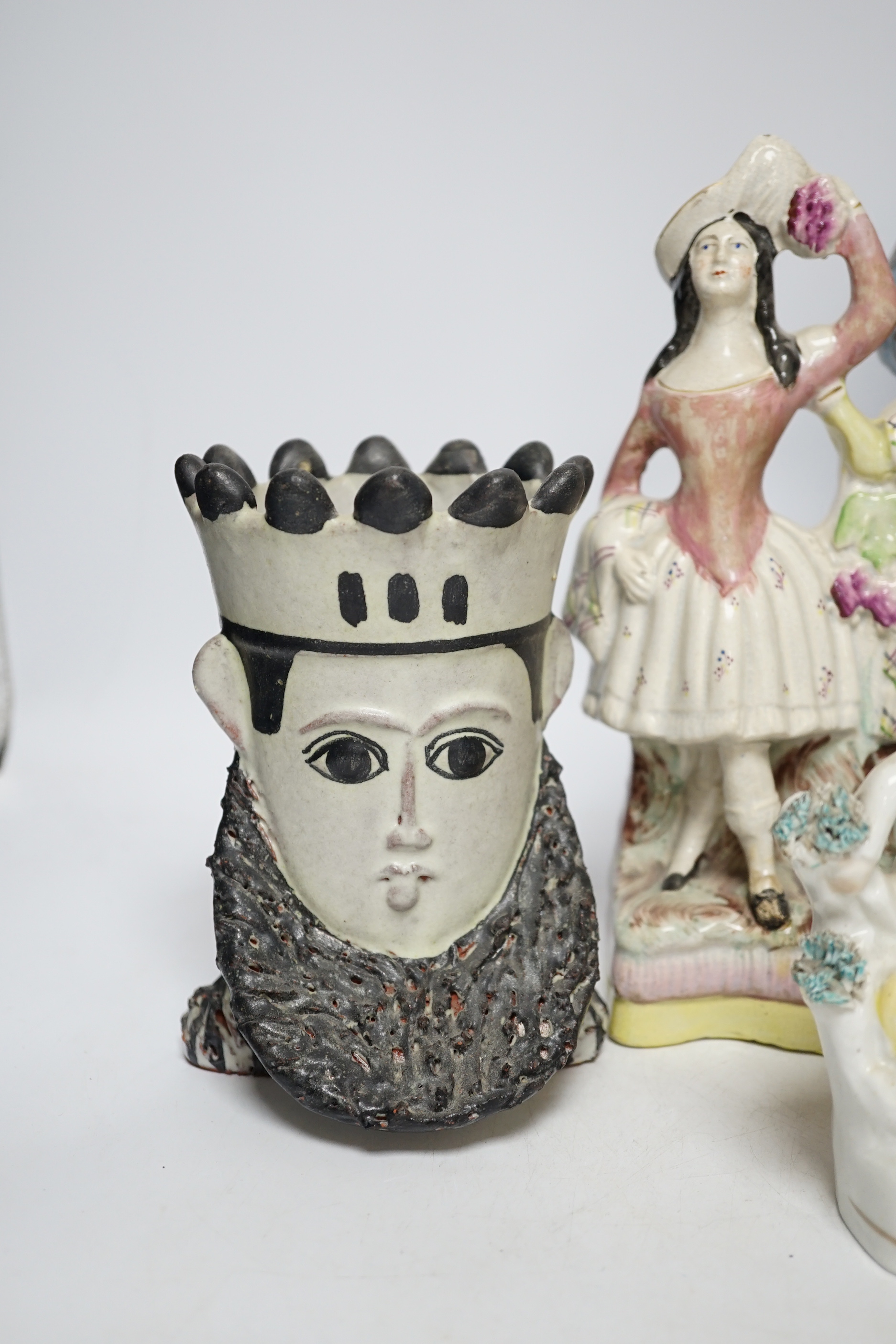 A Maiolica figure of a king and 4 other items including Staffordshire